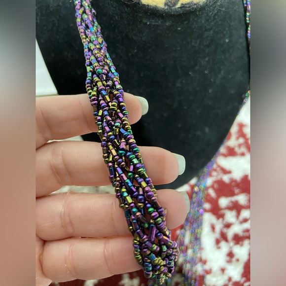 Peacock Seed Bead Braided and Layered Necklace - Picture 3 of 4